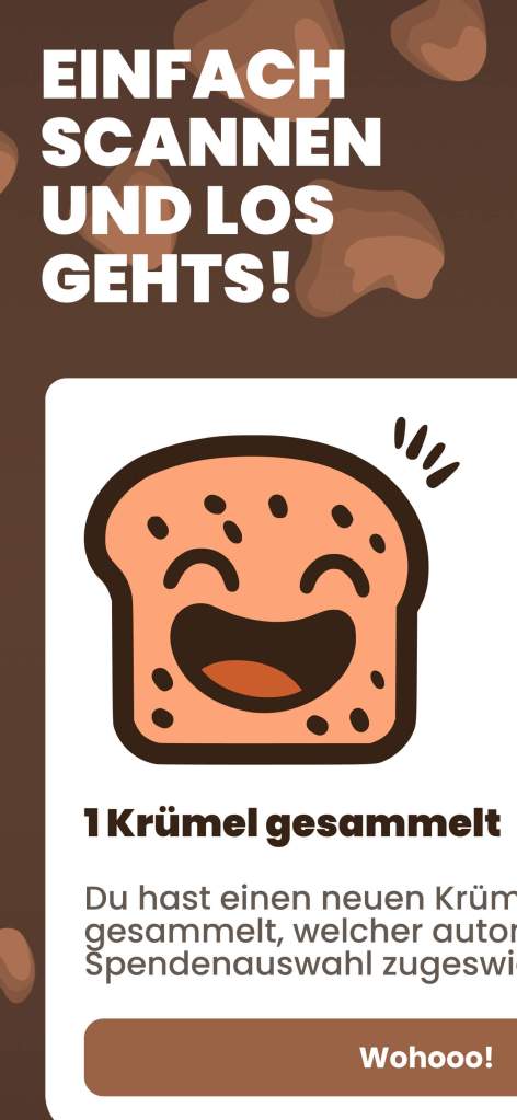 Lachendes Brotscheiben-Maskottchen zeigt „1 Krümel gesammelt“.