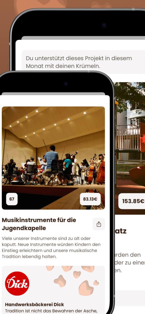 App-Projekt „Musikinstrumente für die Jugendkapelle“ mit Orchester-Foto.