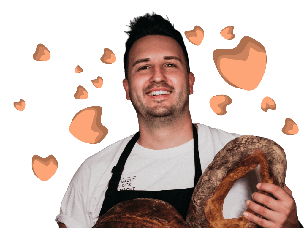 Lächelnder Bäcker mit zwei großen Broten, umgeben von illustrierten Krümeln.